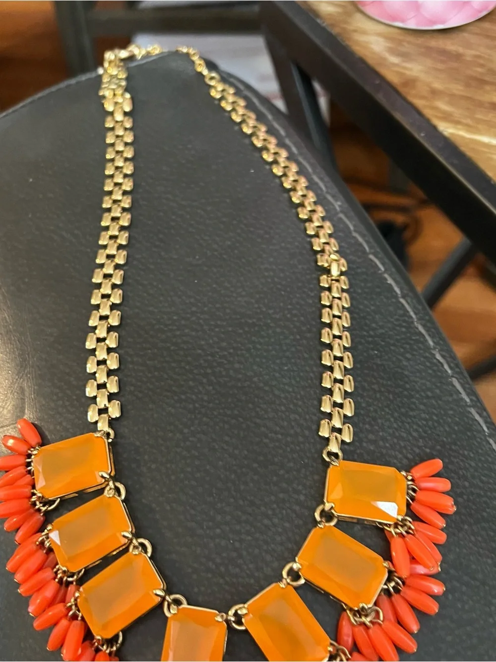 Gold Statement Necklace with Orange and Coral Accents J Crew.